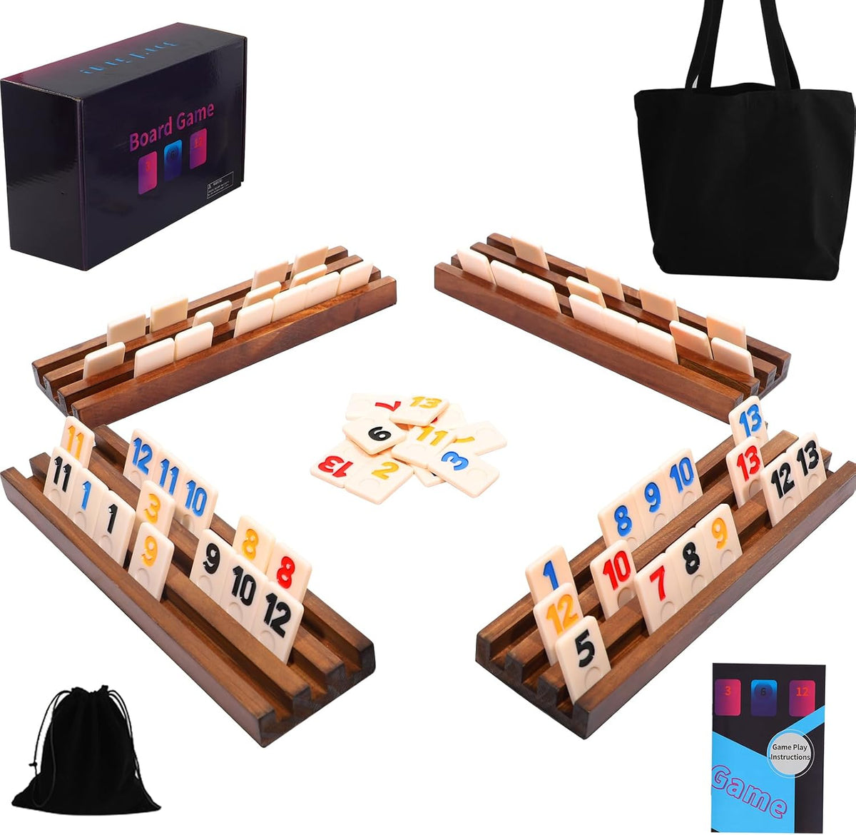 Rummy Cube Game Original - Juego de Cubos Rummy para 2-4 Jugadores con 106 Fichas y 4 Soportes de Madera - Juegos de Mesa Clásicos para Familia y Fiesta