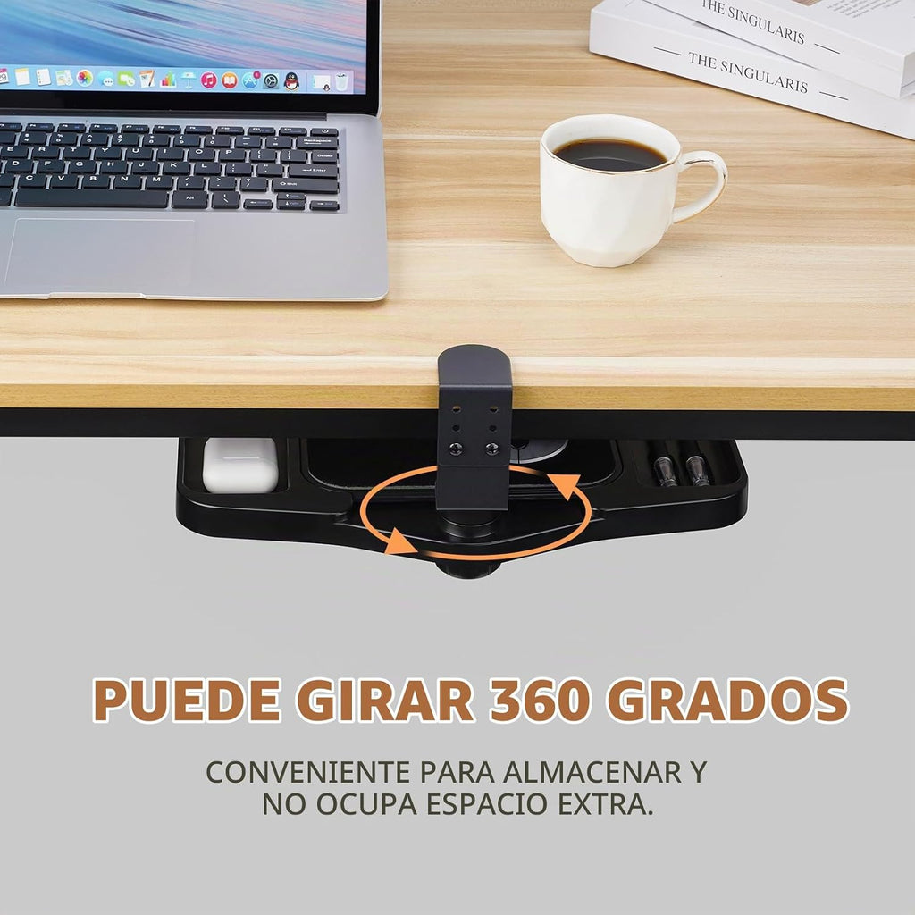 Plataforma de soporte de alfombrilla de mouse con abrazadera, altura ajustable debajo del escritorio, soporte de extensión giratoria de 360°, con 5 compartimentos de almacenamiento, ahorra