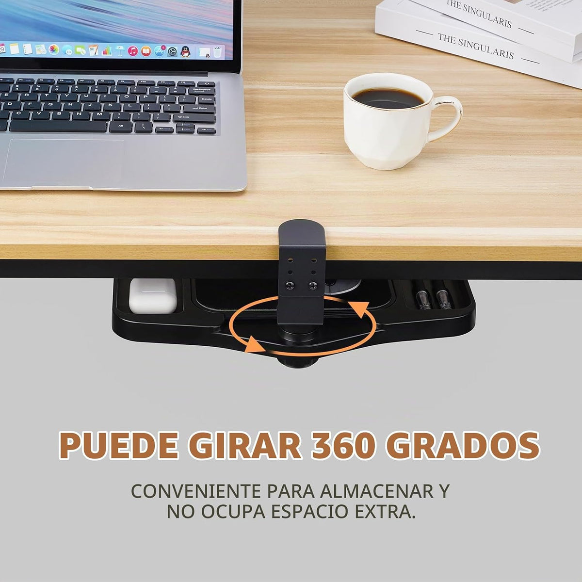 Plataforma de soporte de alfombrilla de mouse con abrazadera, altura ajustable debajo del escritorio, soporte de extensión giratoria de 360°, con 5 compartimentos de almacenamiento, ahorra
