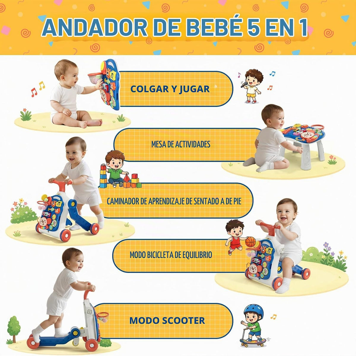 HYES - Andador de empuje 5 en 1 para niño pequeño, color azul