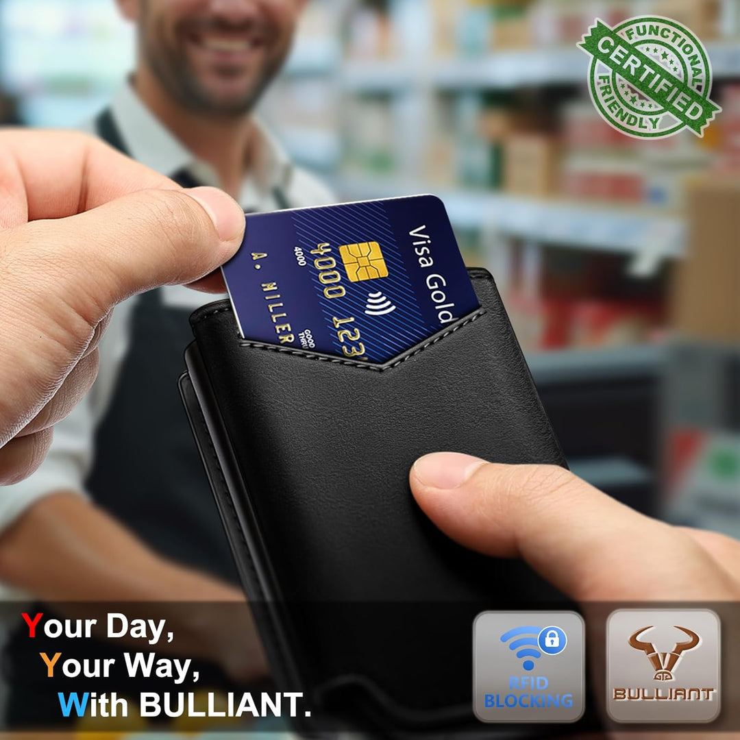BULLIANT Billetera de cuero para hombre, tarjetero con clip para di...