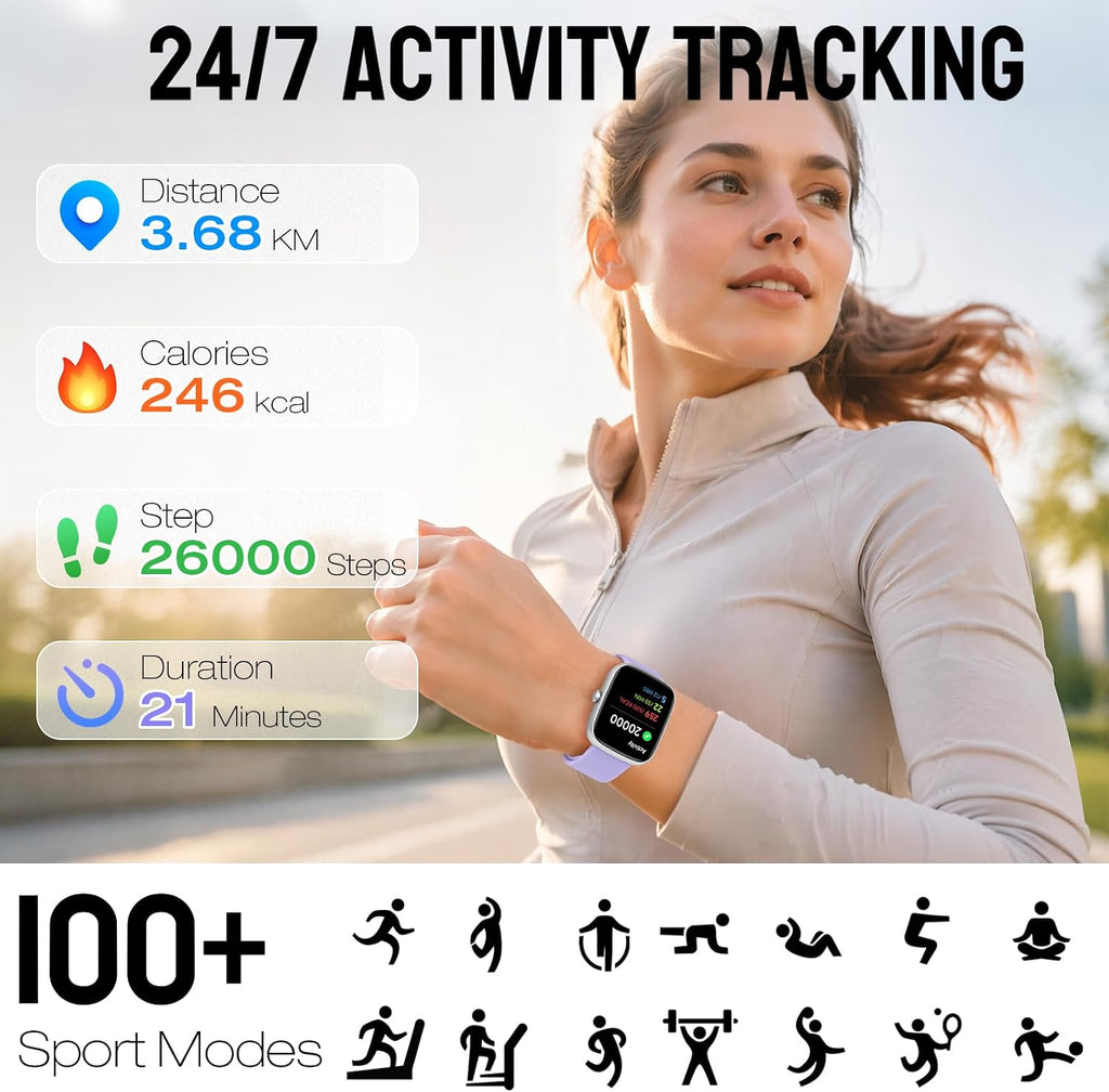 Reloj inteligente para mujer, rastreador de fitness HD de 1.83 pulgadas (respuesta/hacer llamadas) con monitor de frecuencia cardíaca 24/7/sueño/SpO2, resistente al agua IP68, más de 100 modos