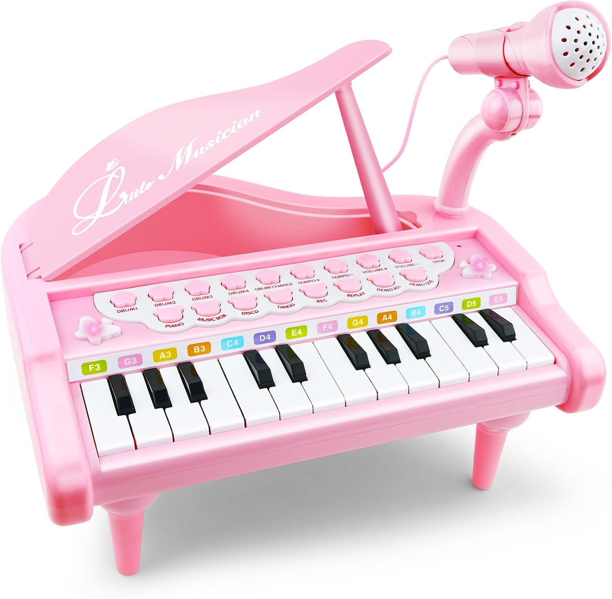 Love & Mini - Piano/teclado de juguete para niños de 3 a 5 años como regalo de cumpleaños, con 24 teclas, color rosa; instrumento musical de juguete con micrófono