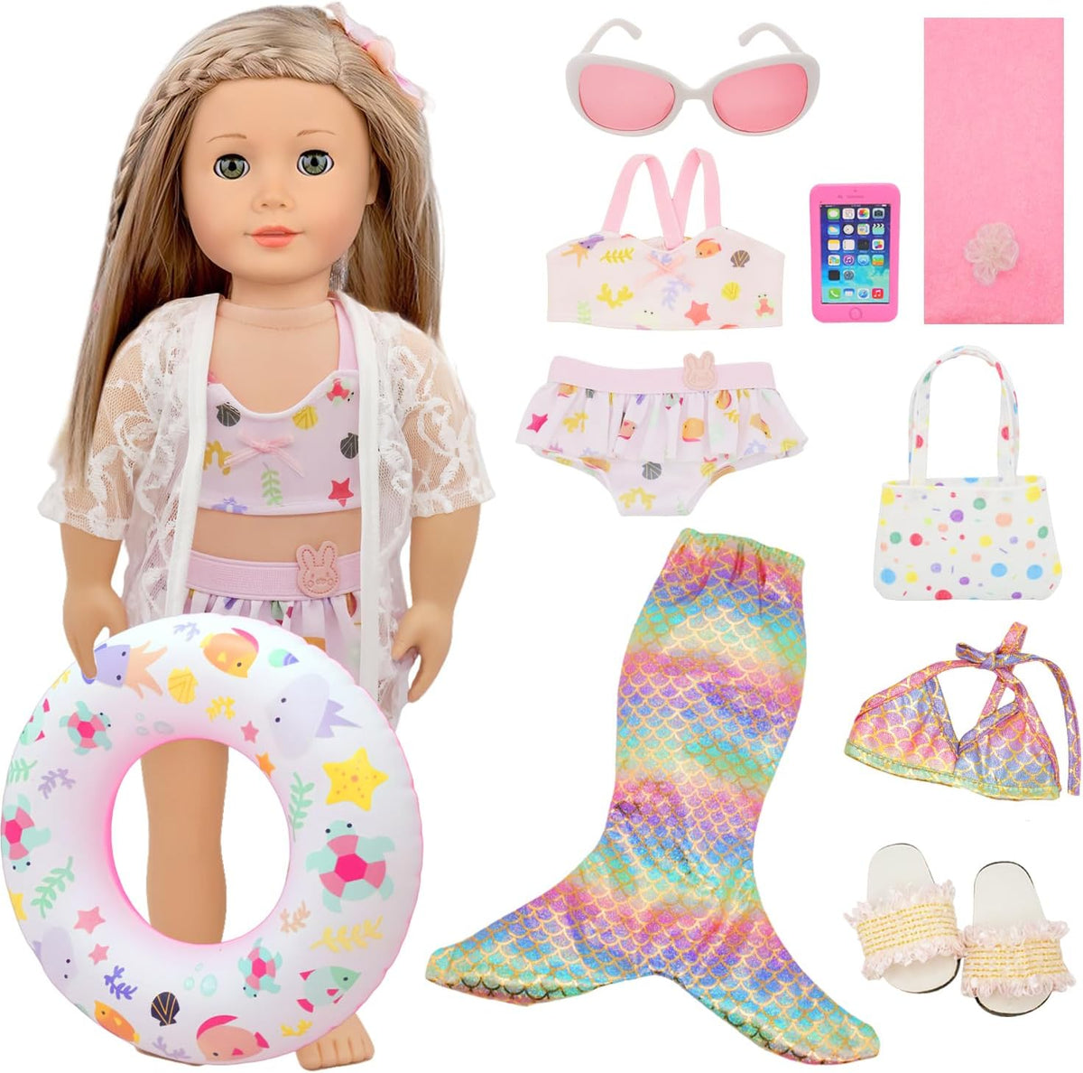 Traje de baño de muñeca americana de 11 piezas de 18 pulgadas con accesorios