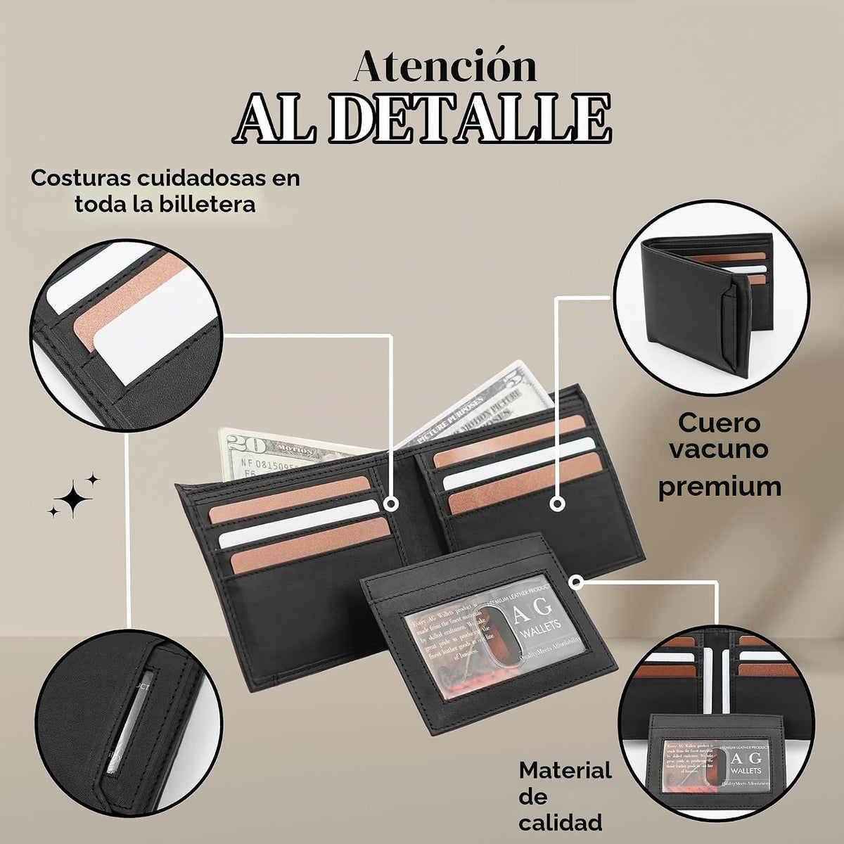 Billetera para hombre con soporte extraíble para identificación, bloqueo