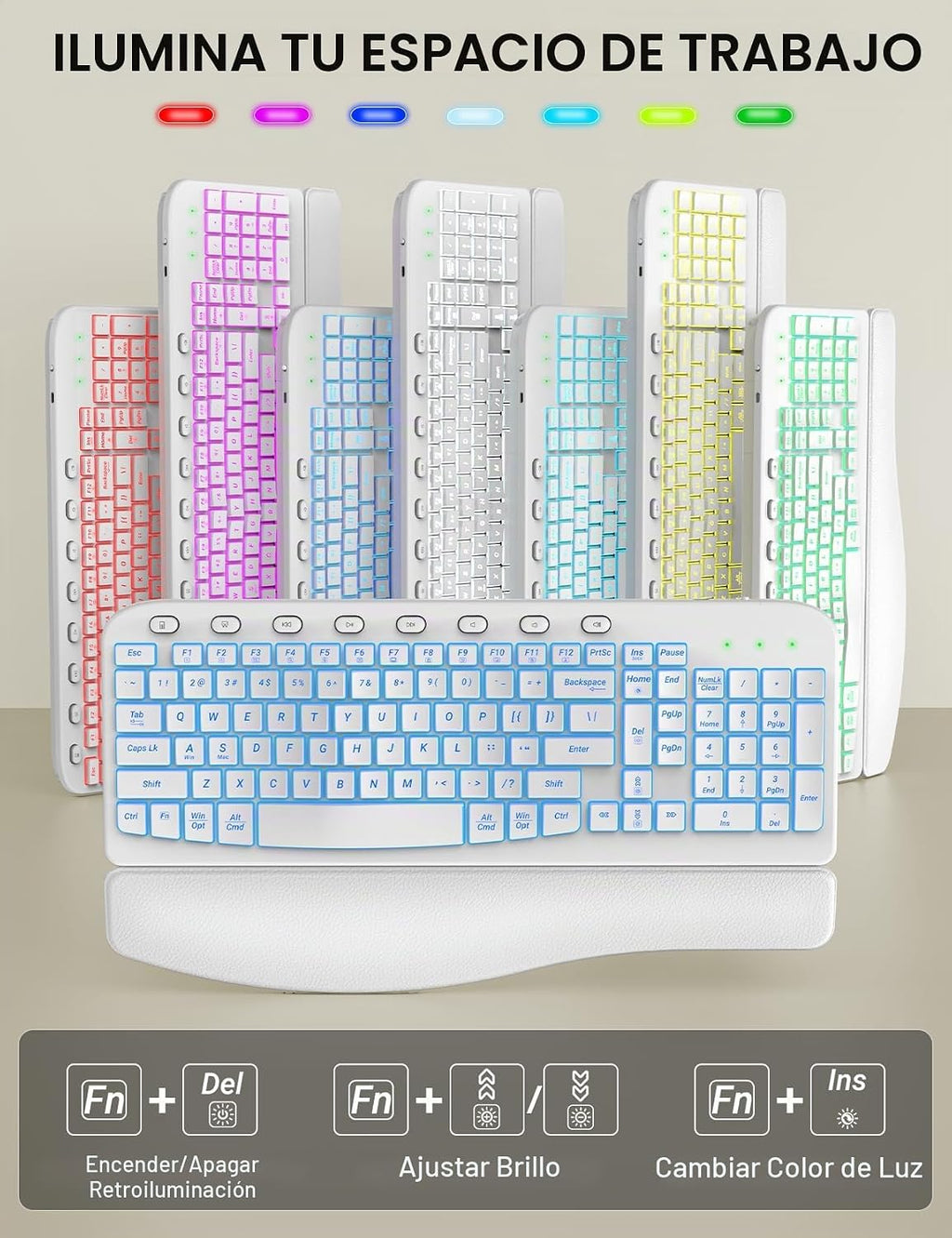 SABLUTE Combo de teclado y mouse inalámbricos, onda ergonómica, Blanco