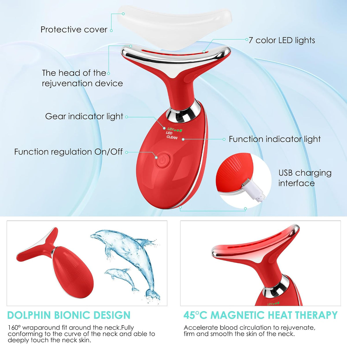 Masajeador facial con luz roja-terapia para cara y cuello, varita de esculpir cara con 7 colores (rojo)