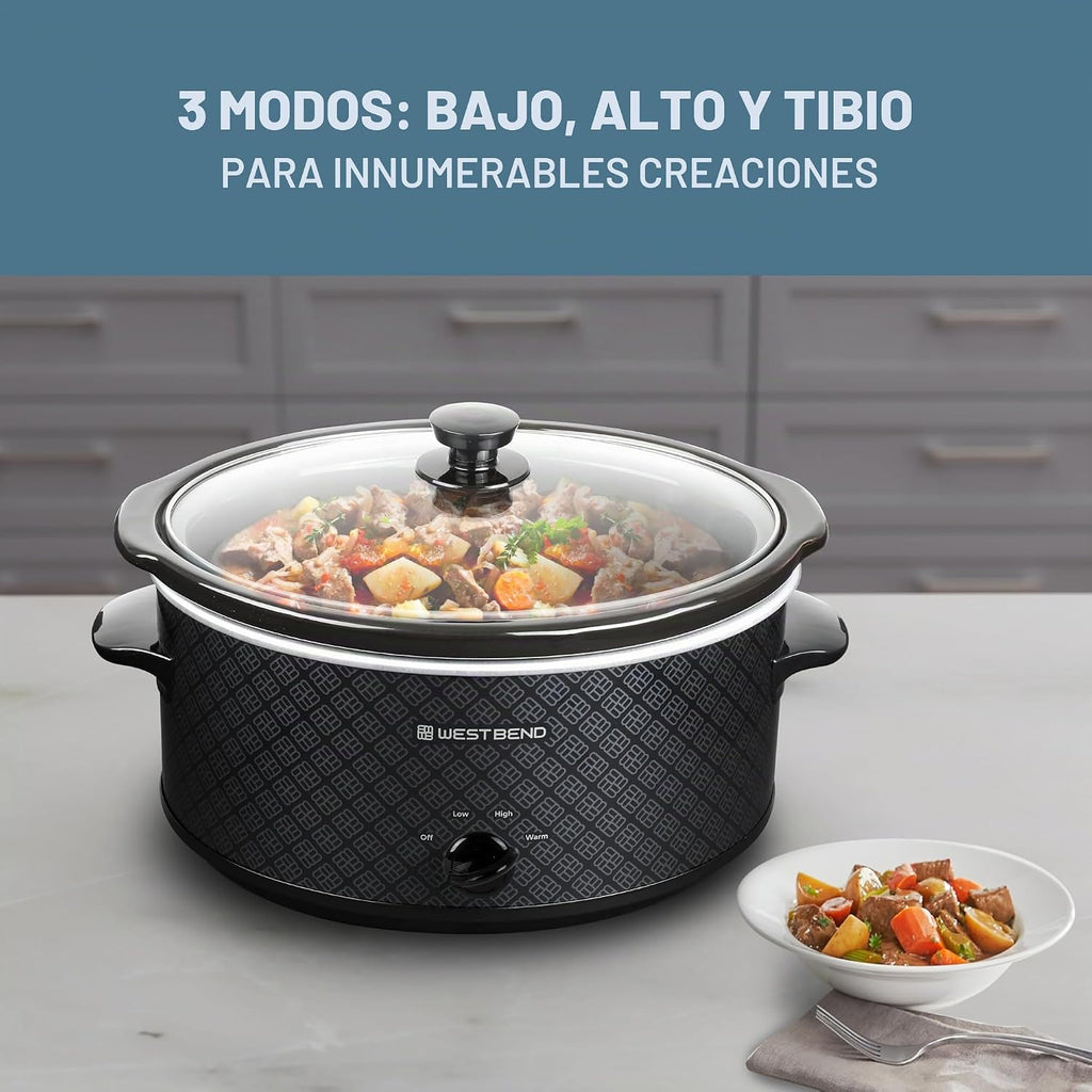 West Bend Olla de cocción lenta manual de 6 cuartos estilo cerámica con olla de cerámica ovalada apta para lavavajillas y tapa de vidrio, dos configuraciones de temperatura más función mantener
