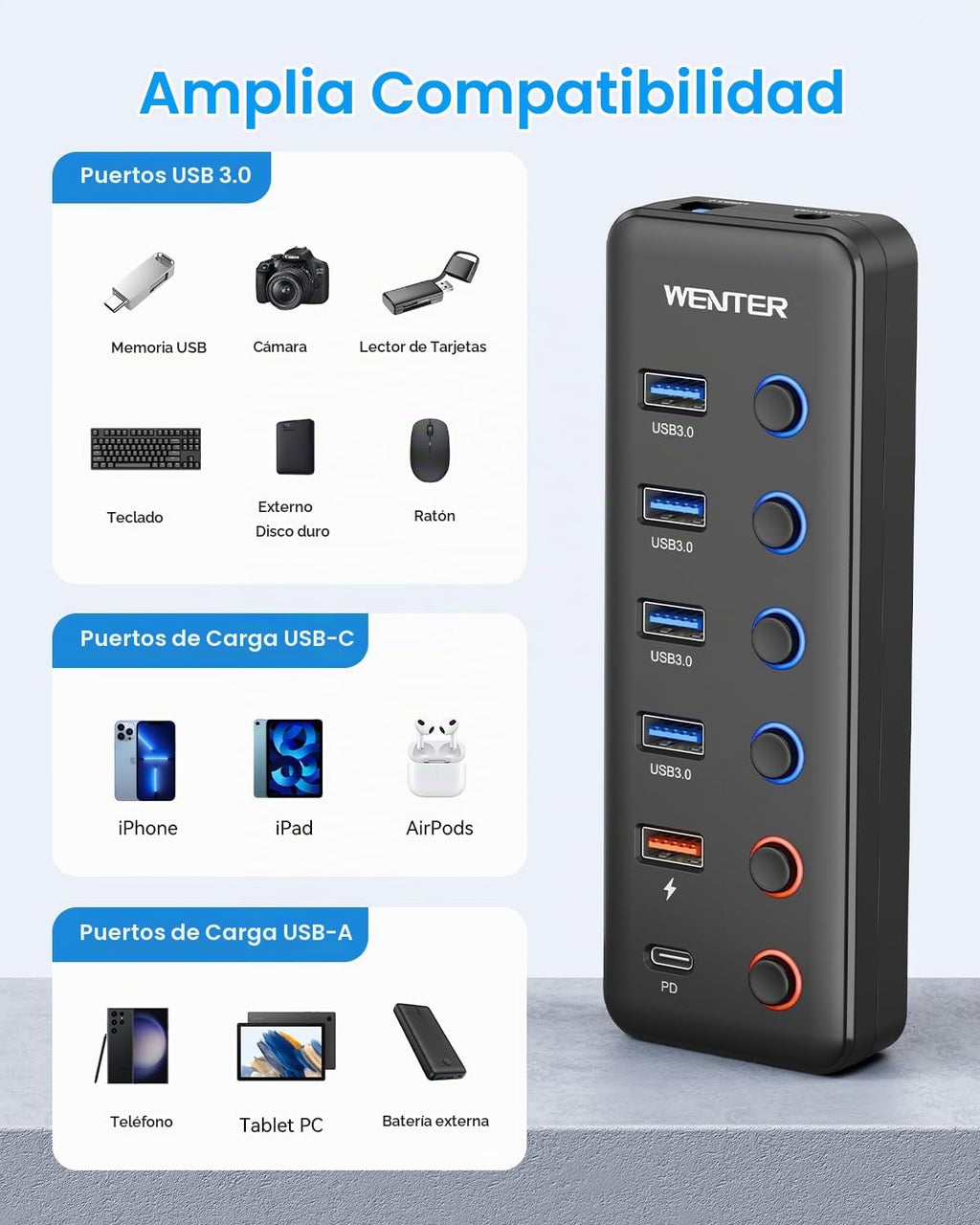 WENTER, hub USB 3.0 de 6 puertos, alimentado