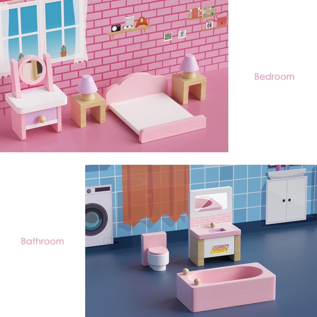 WOODMAM Juego de muebles de madera para casa de muñecas, 22 piezas,...