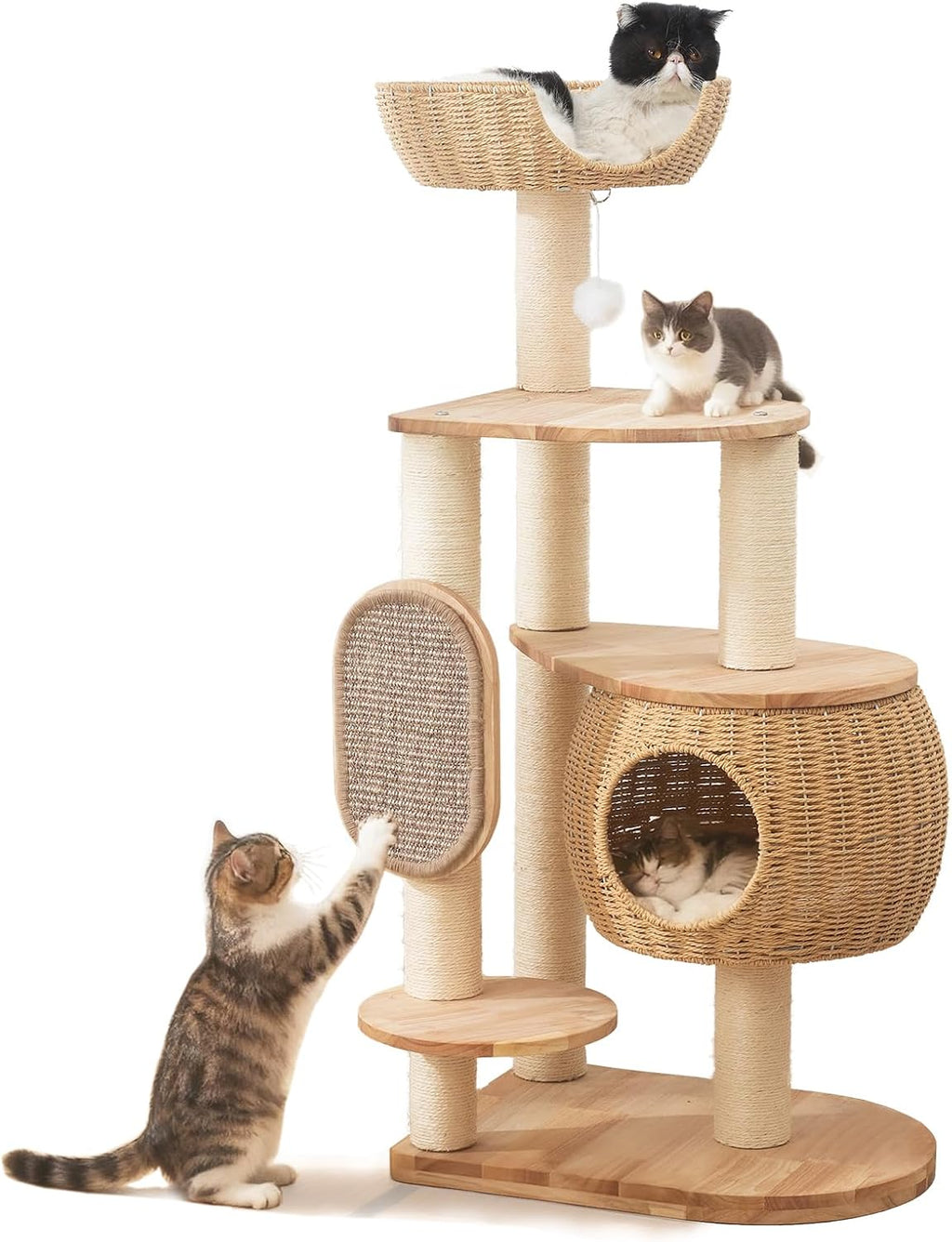 Árbol de gato moderno, torre para gatos con poste rascador, nidos y cestas de calabaza tejidas a mano, manta de sisal