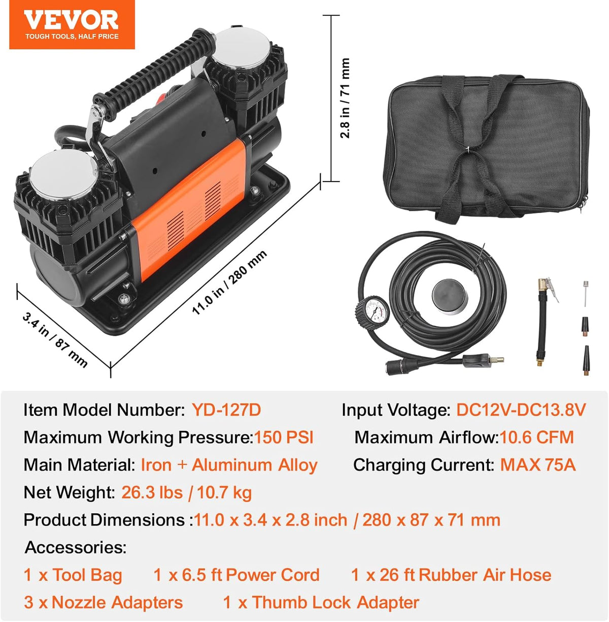 VEVOR Compresor de aire de alta resistencia de 10.6 CFM, inflación...