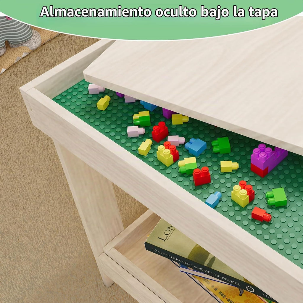 Mesa de actividades para niños con tablero y almacenamiento compatible con Lego, mesa de juego de madera para dibujar, bloques de construcción, lectura, regalos para niños y niñas
