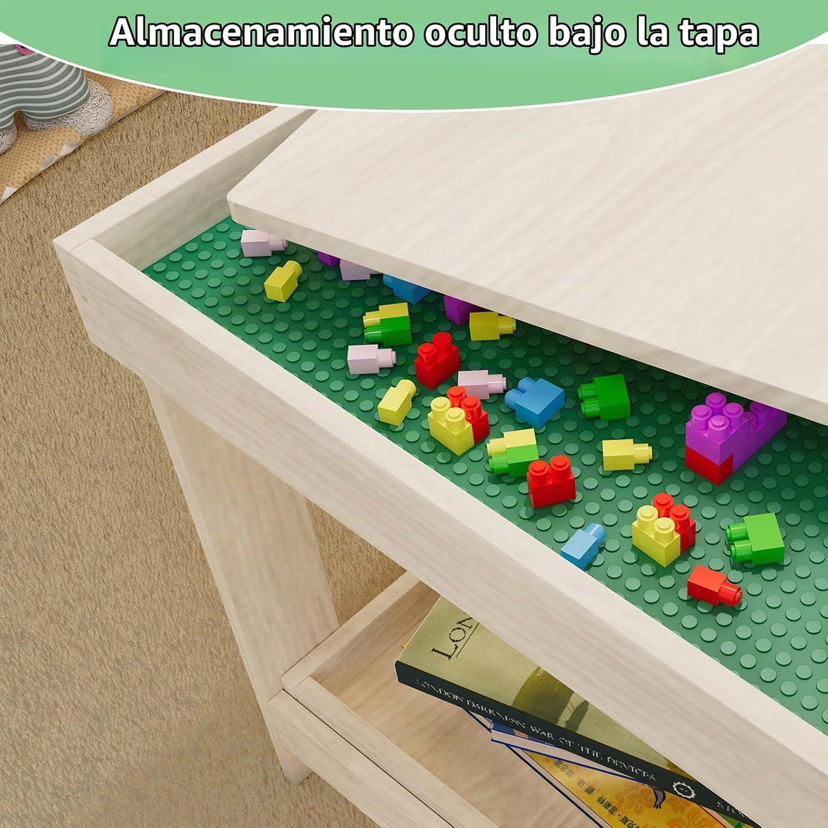 Mesa de actividades para niños con tablero y almacenamiento compatible con Lego, mesa de juego de madera para dibujar, bloques de construcción, lectura, regalos para niños y niñas