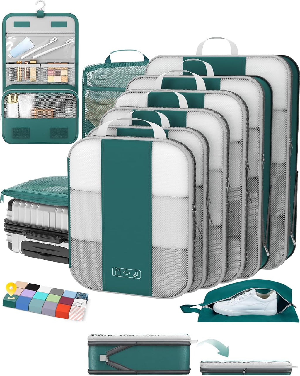 OlarHike Juego de 10 cubos de compresión para artículos esenciales de viaje, bolsas compresibles expandibles ahorradoras de espacio para organizar la ropa, bolsas de ropa de equipaje con más de 1000
