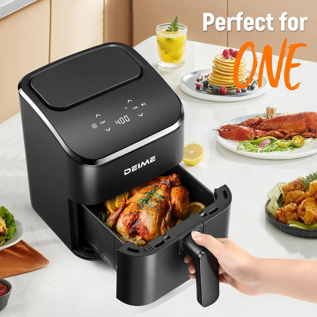 DEIME Freidora de aire, pequeña freidora digital de 3 cuartos de galón, compacta, para hornear, recalentar, asar para comidas rápidas y fáciles, mini cesta compacta y silenciosa, antiadherente y apta para lavavajillas (negro)