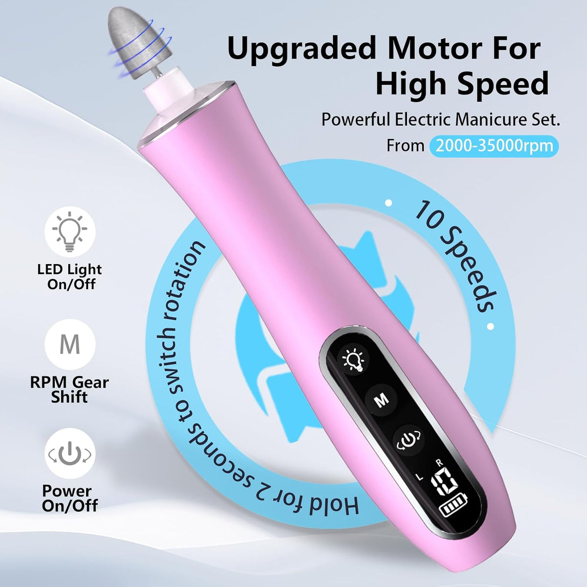 Taladro eléctrico de lima de uñas, inalámbrico, 2000 mAh, recargable