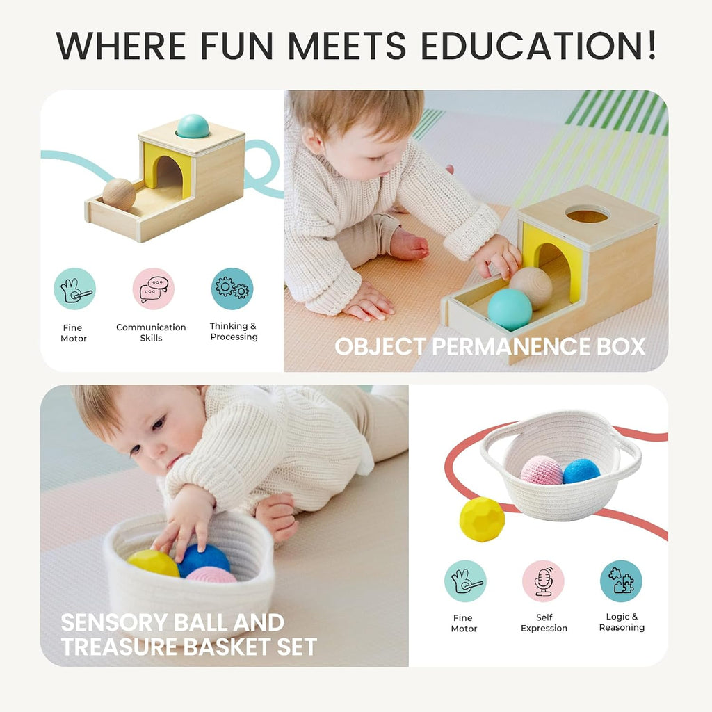 Tiny Land Juego de juguetes Montessori para bebés de 7 a 9 meses Kit de juego sensorial - 5 en 1 Juguetes de aprendizaje de madera con caja de permanencia de objetos, bola sensorial, tazas apilables y