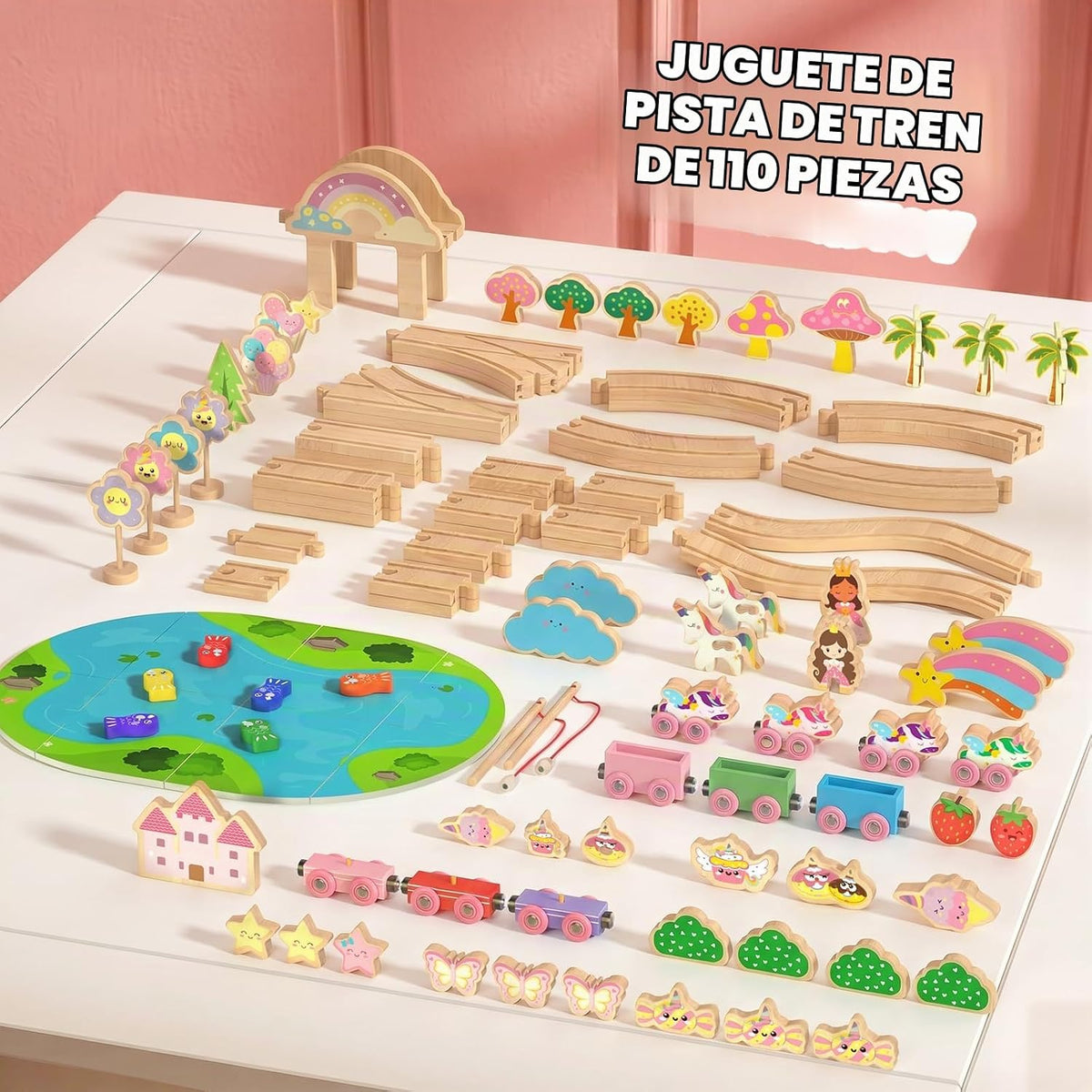 Hot Bee Juego de tren de madera 2 en 1, juego de pista de tren de juguete