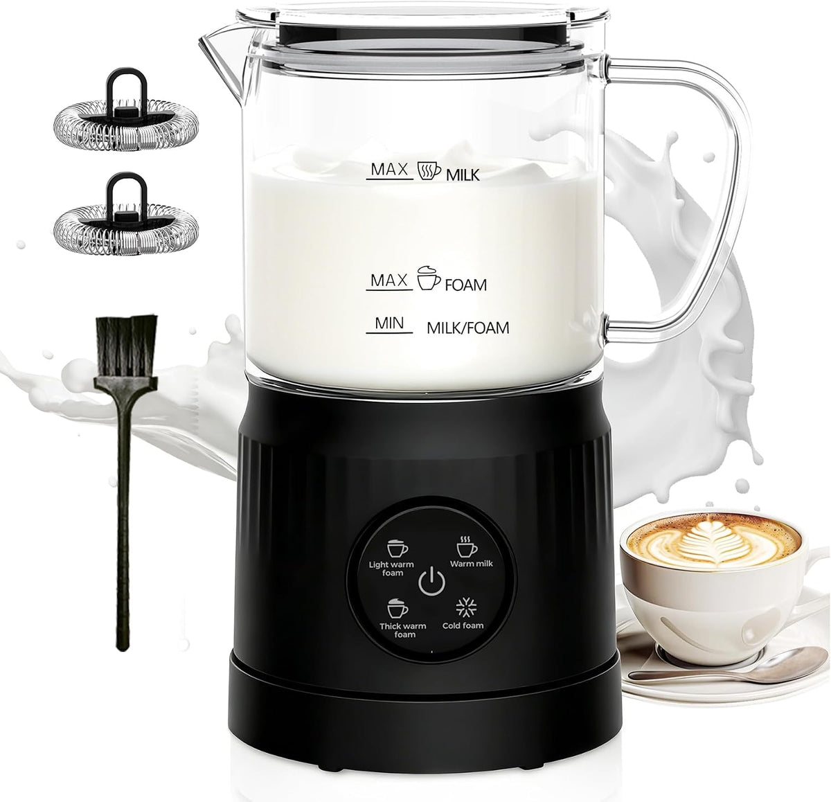 Espumador de leche 4 en 1, espumador de leche eléctrico y vaporizador con pantalla táctil LED, parte inferior de forro de cerámica, calentador de leche de 13.52 onzas para lattes, capuchinos y