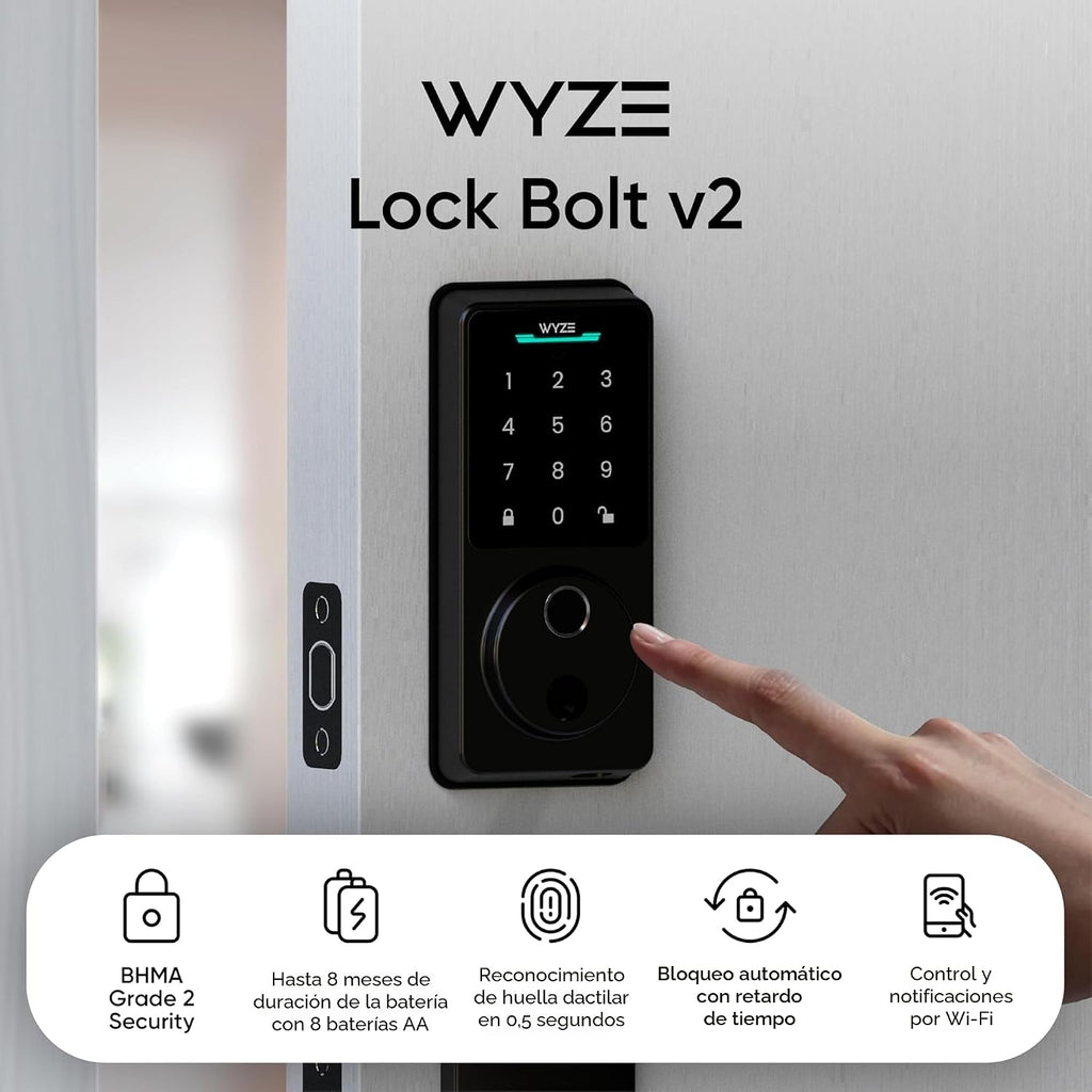 Wyze Auto-Lock Bolt v2, Control de Acceso sin Llave con Huella dactilar, Cerradura Inteligente con Escáner de Aprendizaje AI y Wi-Fi para Puerta Principal, Cerradura de Pestillo con Cierre Automático, Batería de 8 Meses, BHMA2, IP53, Teclado Anti‑Mirada
