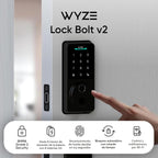 Wyze Auto-Lock Bolt v2, Control de Acceso sin Llave con Huella dactilar, Cerradura Inteligente con Escáner de Aprendizaje AI y Wi-Fi para Puerta Principal, Cerradura de Pestillo con Cierre Automático, Batería de 8 Meses, BHMA2, IP53, Teclado Anti‑Mirada