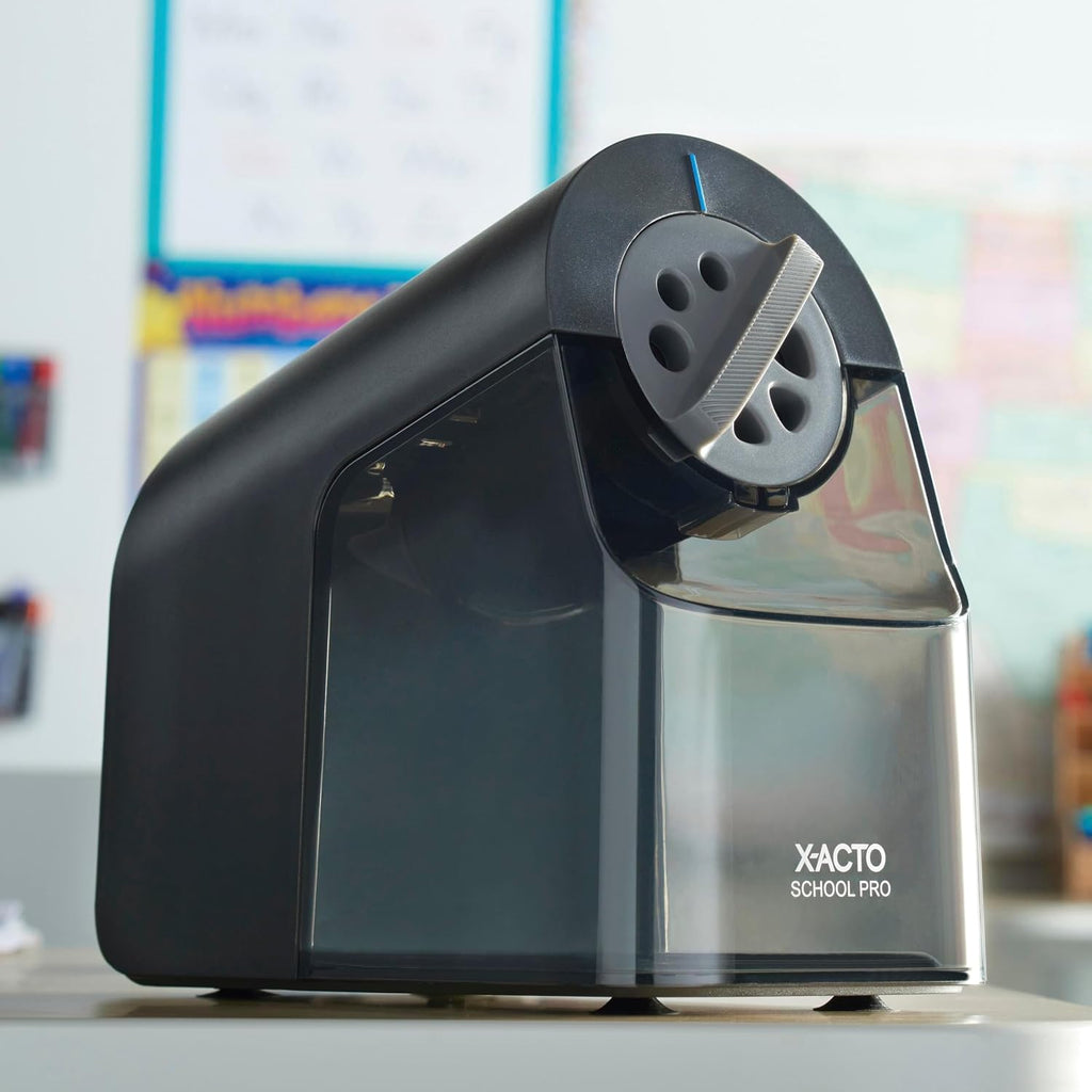 X-ACTO Sacapuntas eléctrico School Pro, negro, con esfera de seis tamaños, contenedor de virutas XL, resistente, suministros para el aula