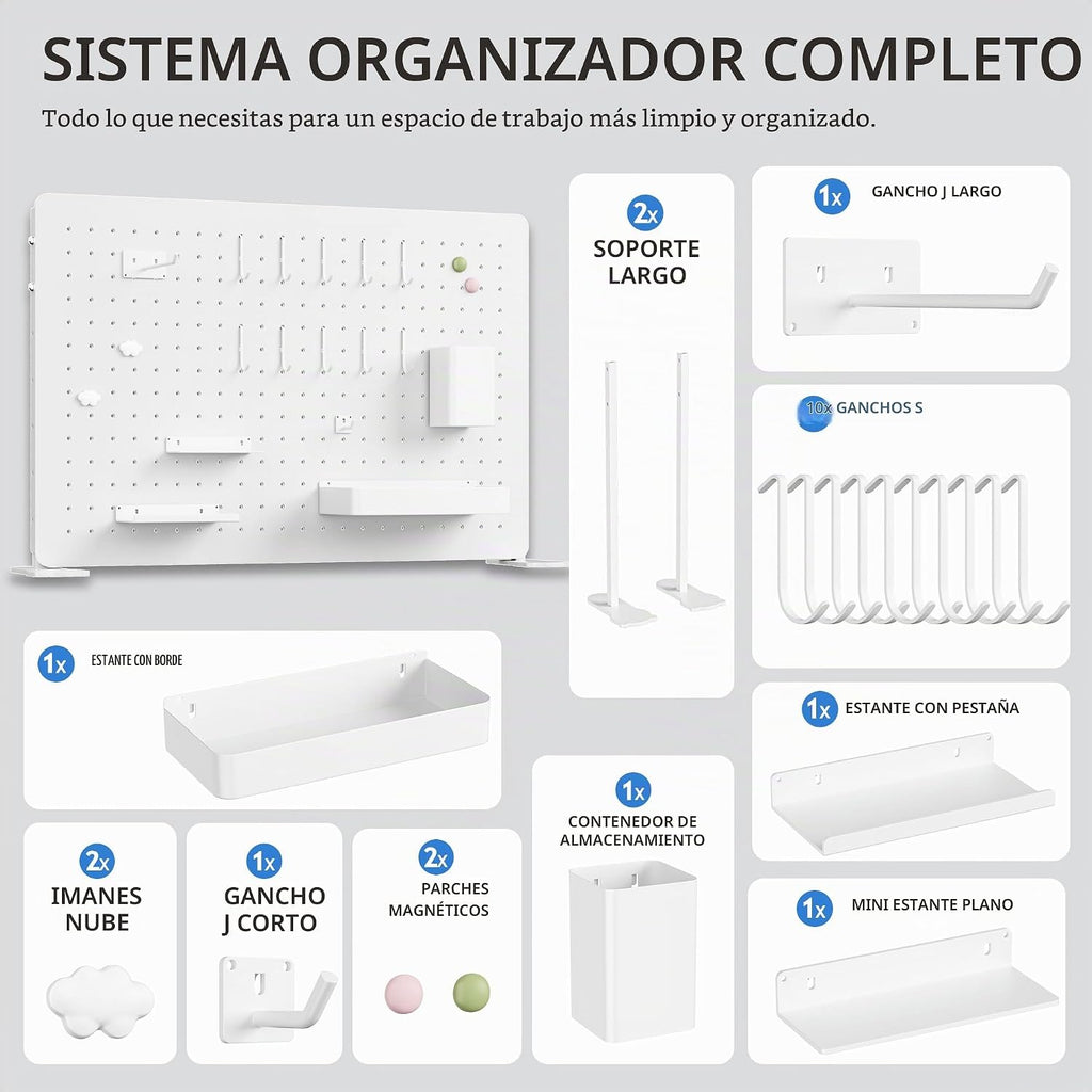 Organizador de escritorio con tablero perforado blanco, 23.62 x 15.75 in con ganchos