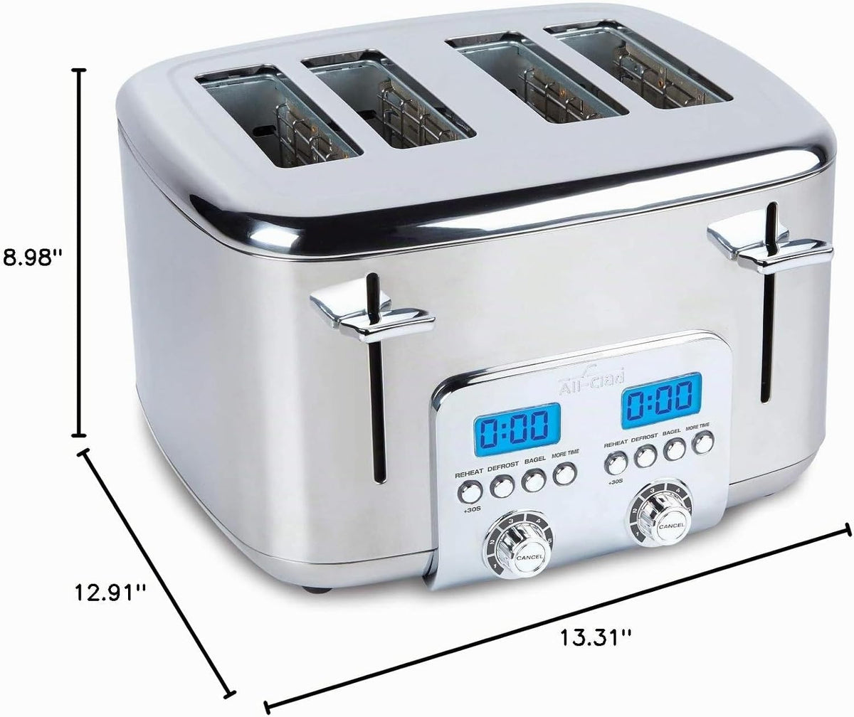 All-Clad Tostadora eléctrica de acero inoxidable, 4 rebanadas, pantalla LED, bandeja extraíble para migas, almacenamiento interno del cable, 6 niveles de tostado, ranuras anchas y autocentrantes