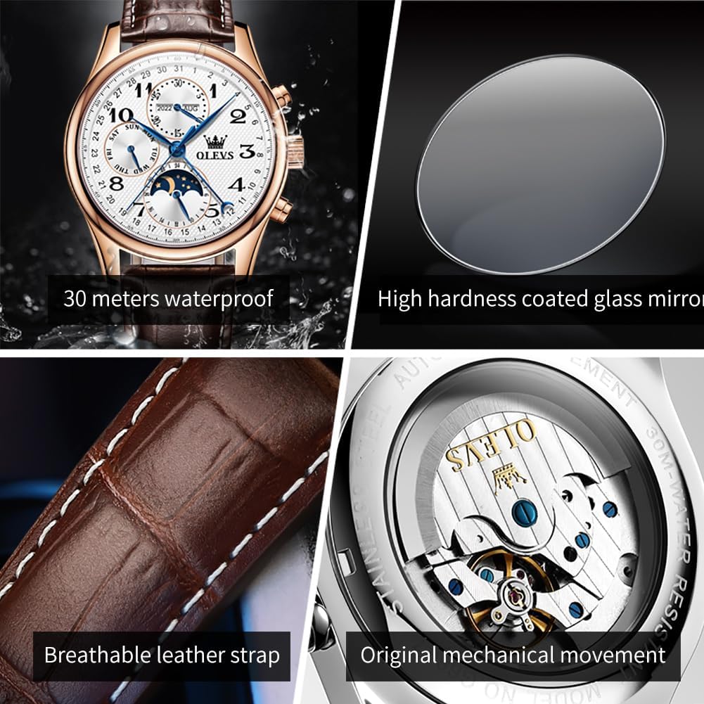 OLEVS - Relojes automáticos para hombre, multicalendario, con fase lunar, 3ATM impermeable, reloj de lujo clásico para negocios, de pulsera