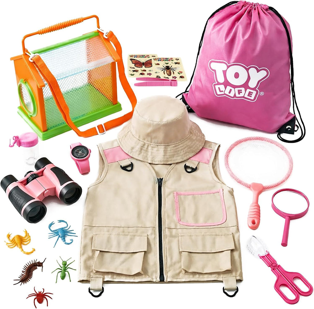 TOY Life Kit de explorador para niños con receptor de insectos para niños, kit de captura de insectos con juguetes de insectos, chaleco y sombrero de safari para niños, brújula, binoculares, lupa, juguetes educativos al aire libre, kit de aventura para ni