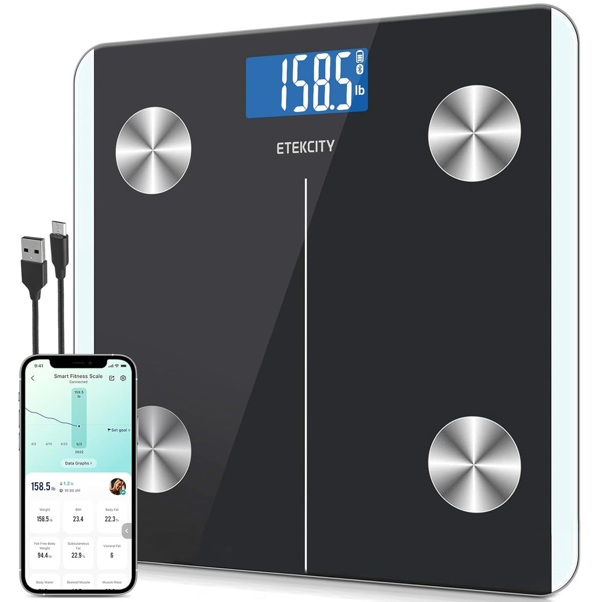 Etekcity Báscula inteligente recargable para peso corporal, Bluetooth