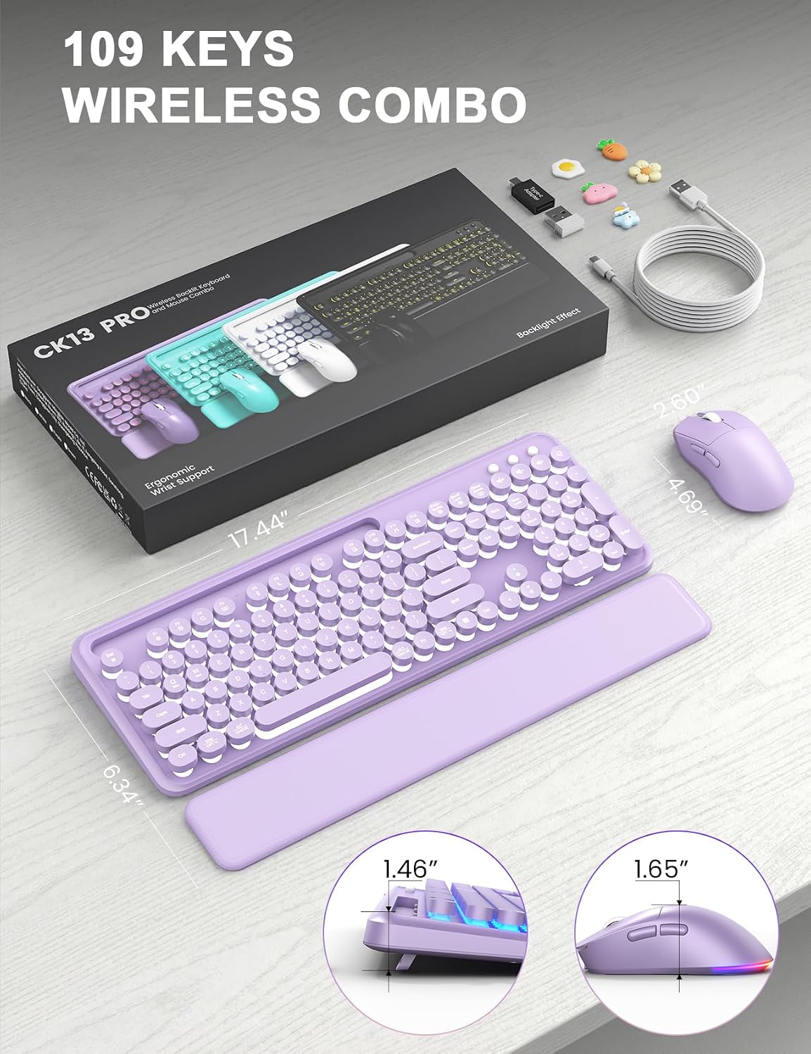 Teclado y mouse inalámbricos, máquina de escribir retroiluminada co...