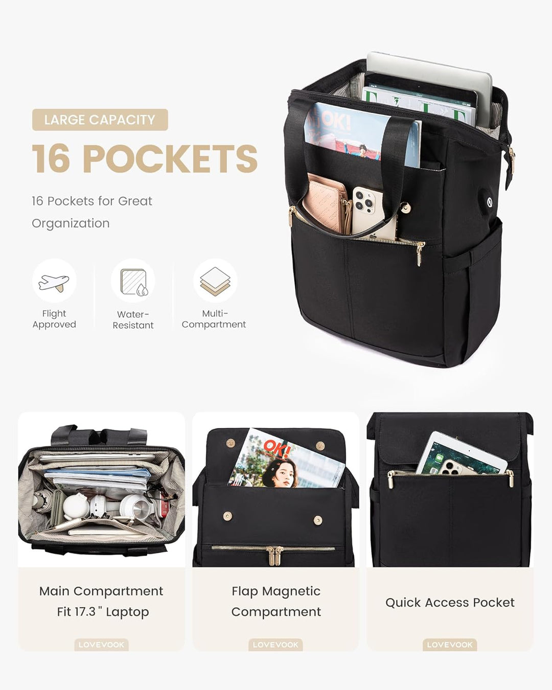 LOVEVOOK Mochila para laptop para mujer, mochila de trabajo convert...
