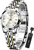 OLEVS Reloj para Mujer Moderno de Moda con Diamantes para Damas Analógico, Acero Inoxidable, Resistente al Agua, Luminosa, Día, Fecha, Dos Tonos
