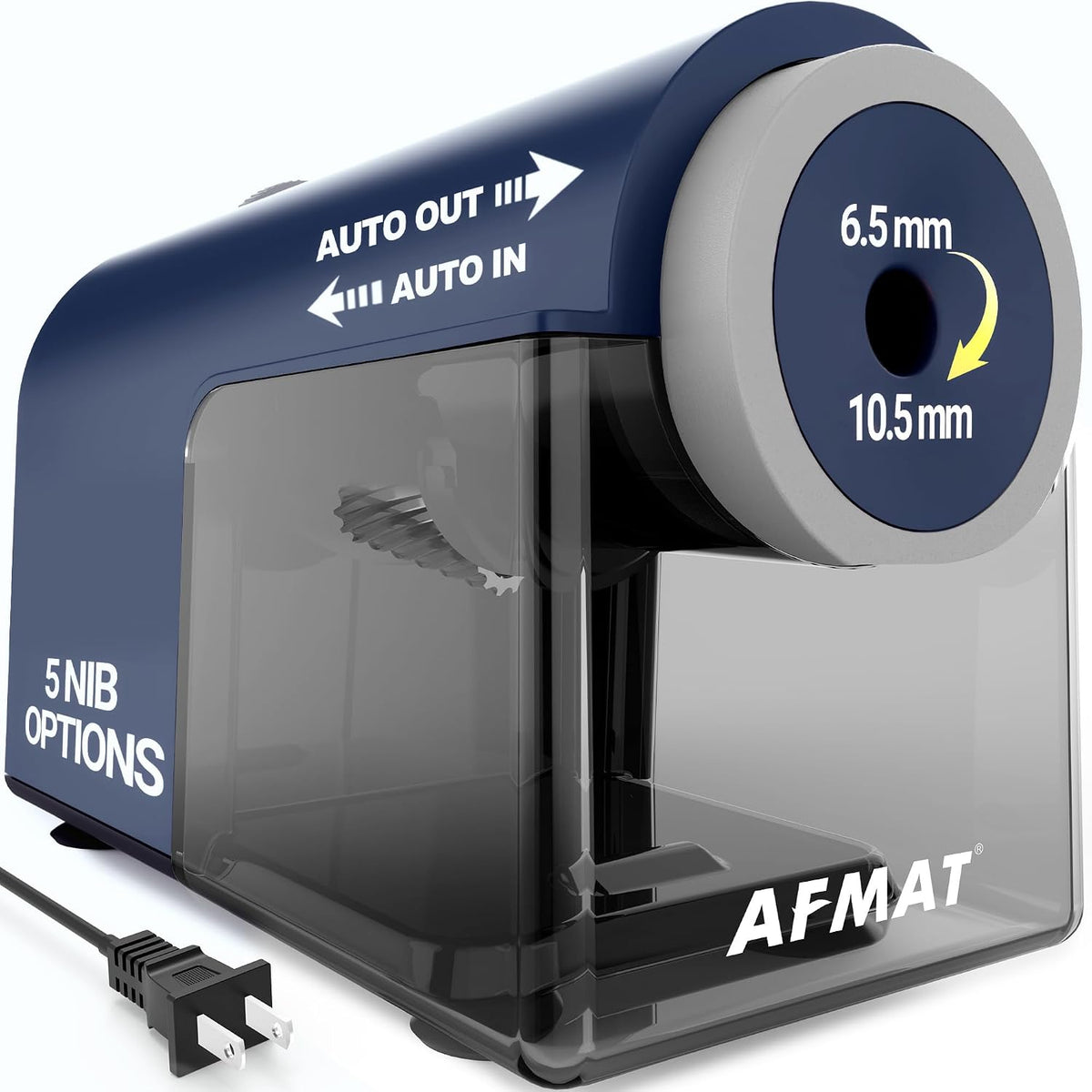 AFMAT Sacapuntas eléctrico PSC5, sacapuntas totalmente automático para lápices No.2/Jumbo/de colores de 6.5 a 0.4 in, entrada y salida automática, 5 modos de nitidez