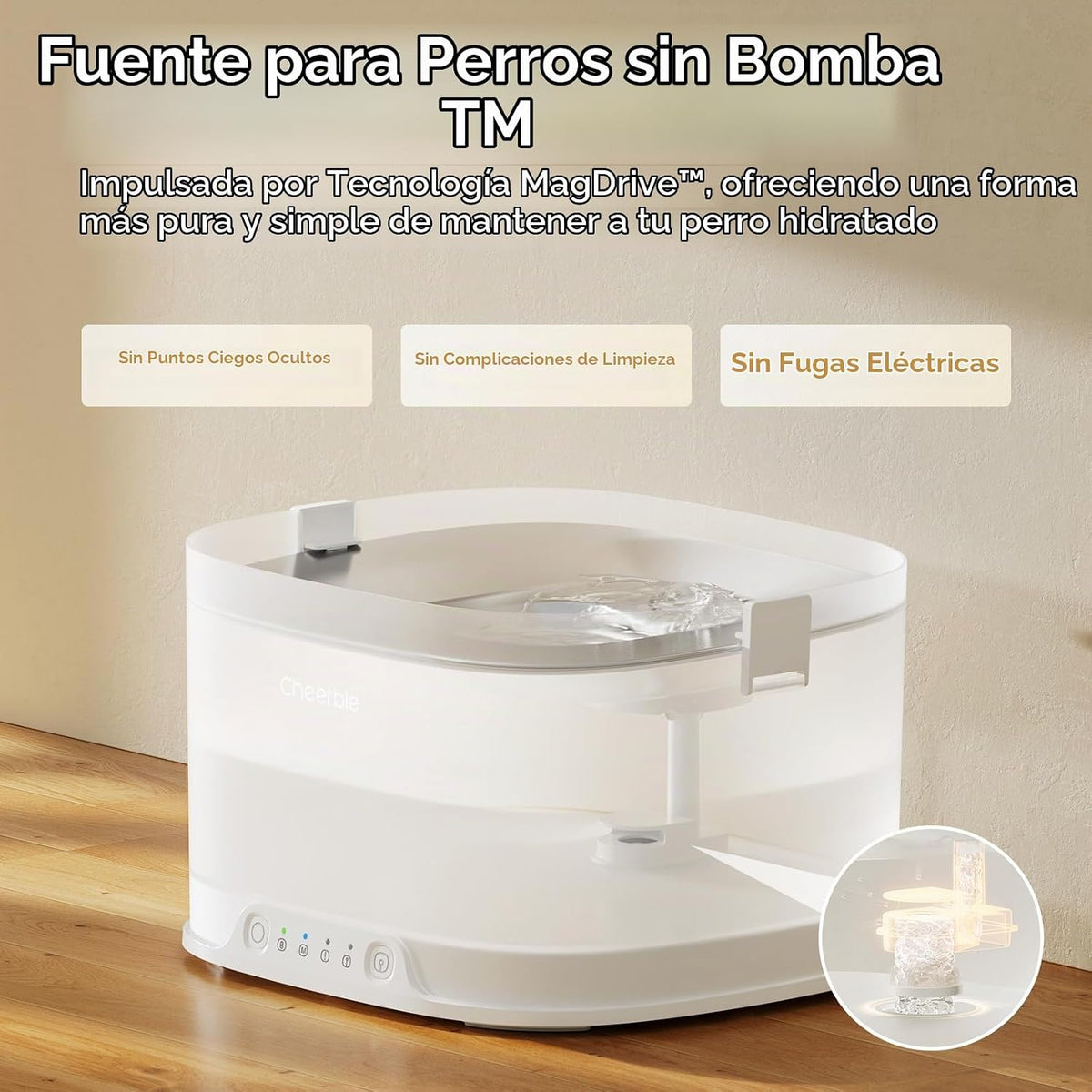 Cheerble Fuente de agua para perros sin bombeos, fuente inalámbrica para mascotas, funciona con pilas, dispensador automático de agua D1 Pro de 4 l/135 oz para perros, bandeja de acero inoxidable con