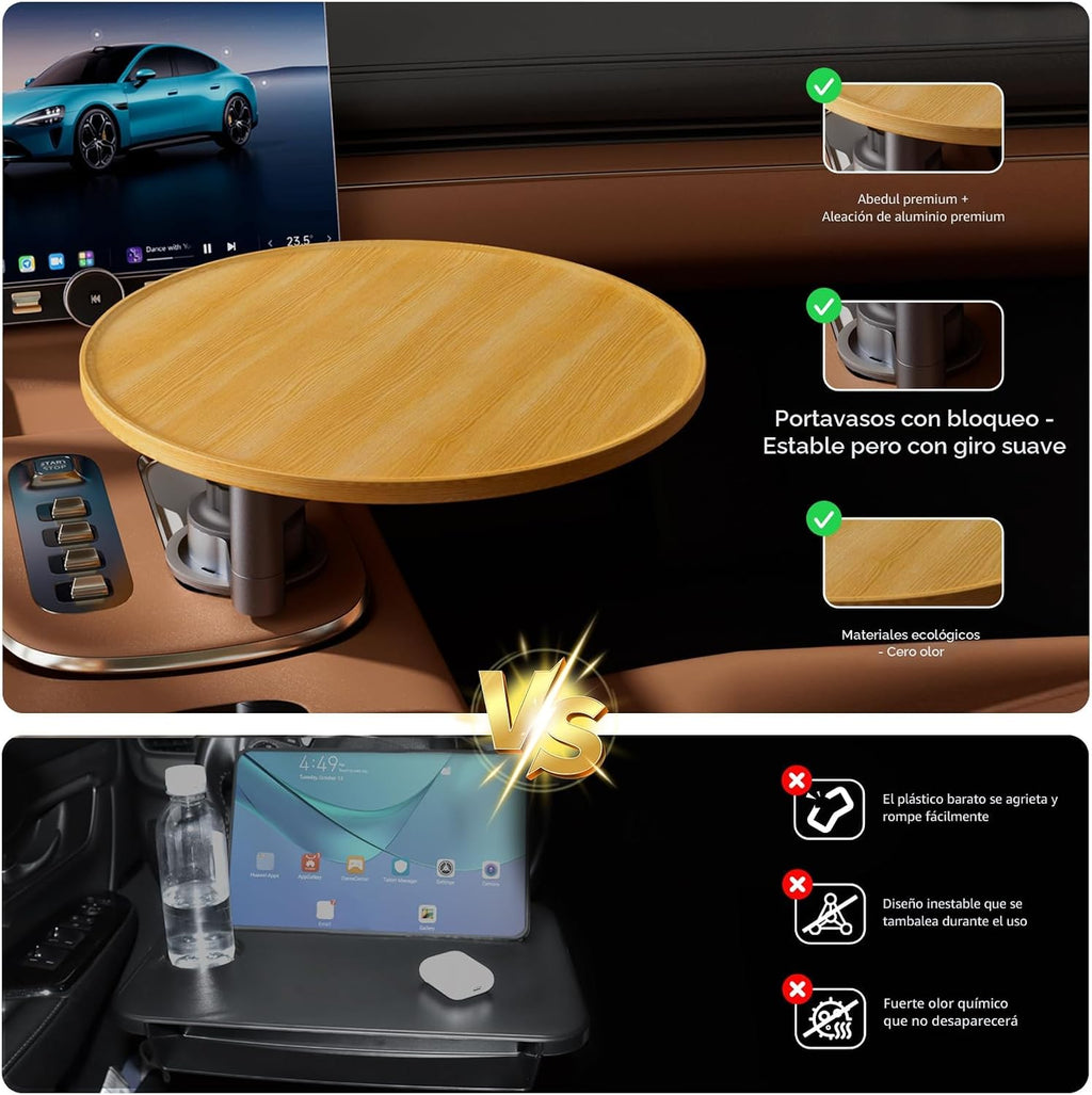 Bandeja de Auto y Escritorio de Auto para Laptop, Soporte Giratório de 360° de Madera, Bandeja para Volante, Accesorios de Auto para Mujeres y Hombres, Compatible con Tesla Model Y/3/S, Ford F150