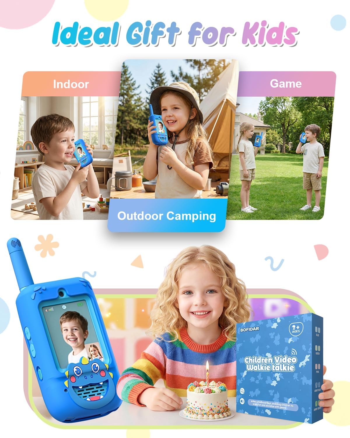 Walkie Talkies de video para niños, paquete de 2 recargables con cámara HD