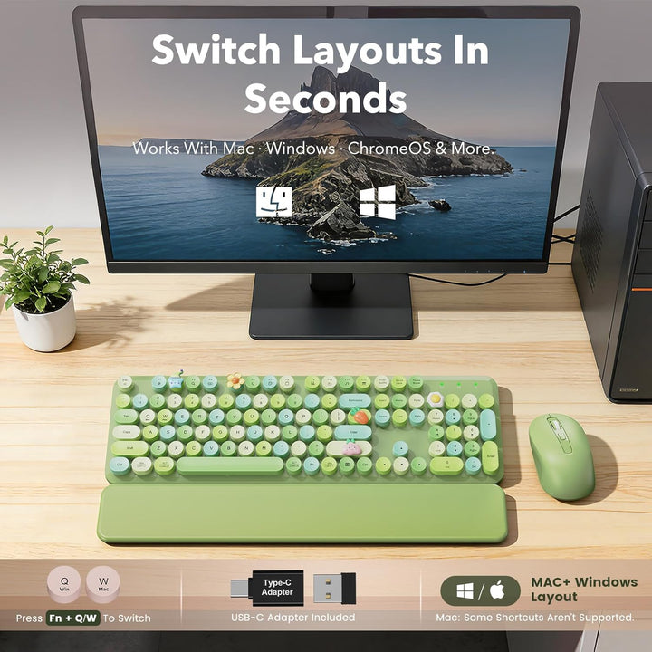 Combo de teclado y mouse inalámbricos, bonito teclado retro con tec...