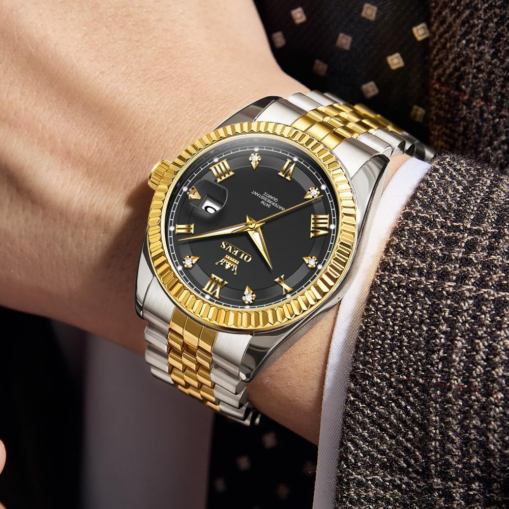 OLEVS Reloj Clásico para Hombre Diamante Analógico Lujo Acero Inoxidable a Dos Tonos Resistente al Agua con Fecha Luminous para Hombres
