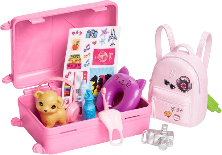 Muñeca Barbie y accesorios, set de viaje con cachorro y más de 10 p...