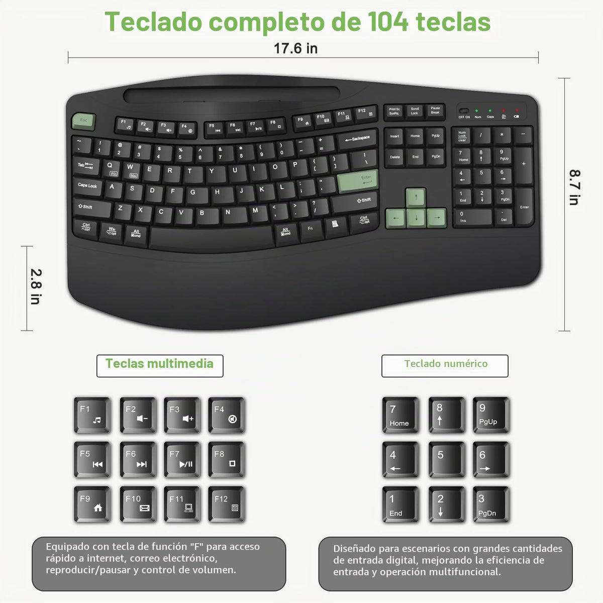 Combo de teclado y mouse inalámbricos, teclas onduladas de tamaño c...