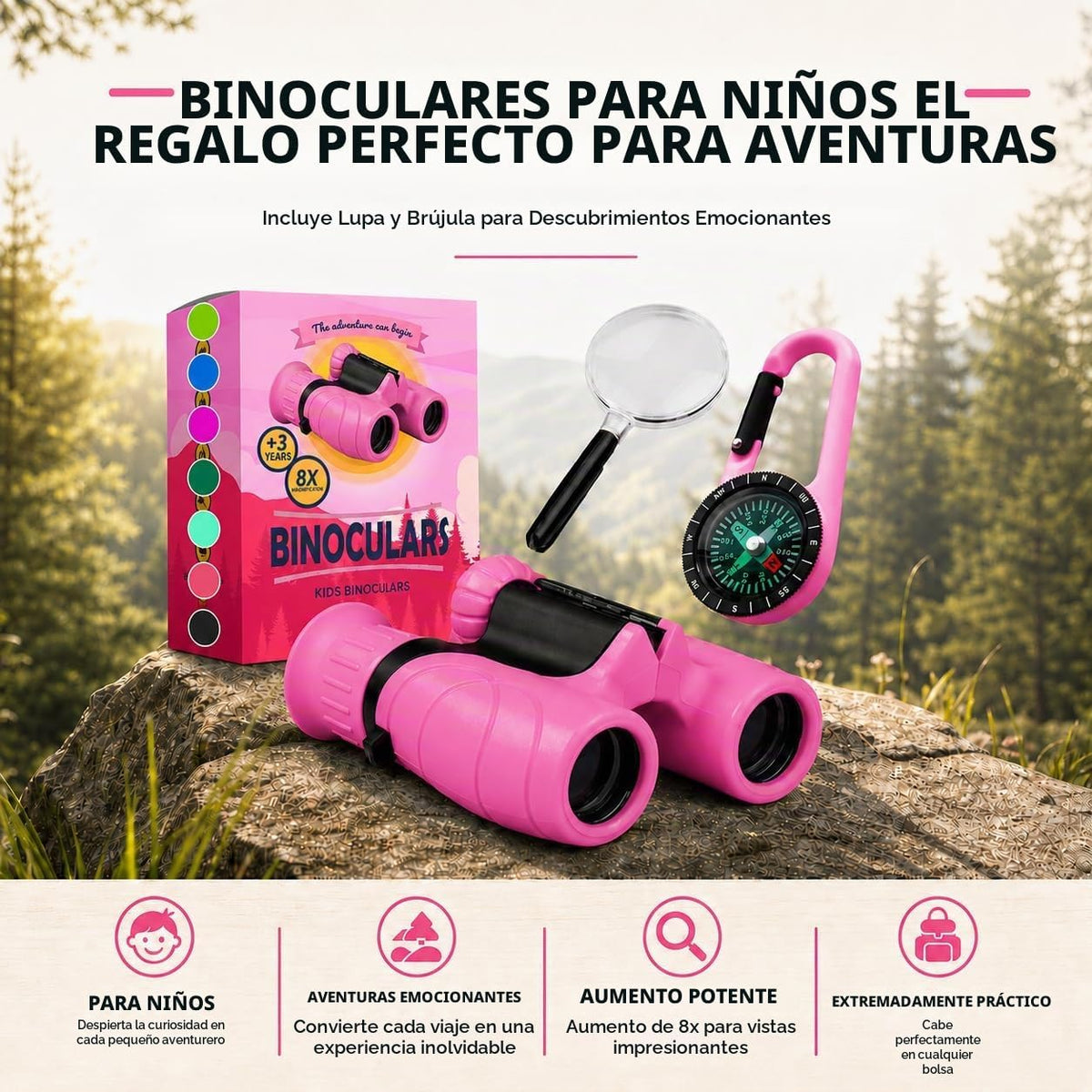 Binoculares para niños – Juguete perfecto para niños pequeños y niñas – Juego extenso que incluye lupa y brújula – Potente aumento 8 x 21 – niños de 3 a 12 años para niños pequeños