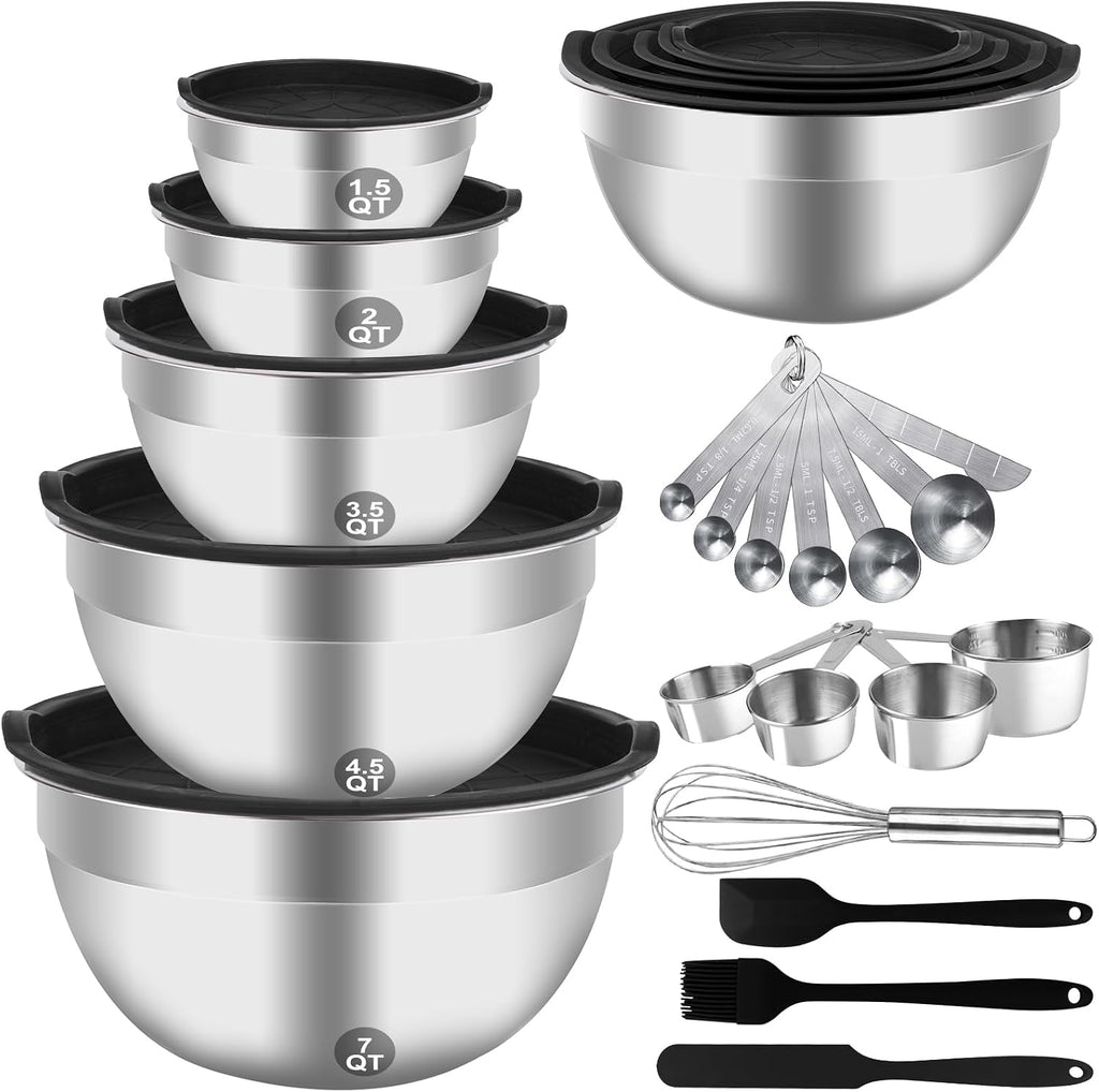 WEPSEN Juego de tazones para mezclar, 25 cuencos de acero inoxidable con tapa, cuencos grandes para anidar 7, 4.5, 3, 2, 1.5 cuartos de galón, tazas medidoras y cucharas para hornear, utensilios de metal para preparación de cocina