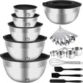 WEPSEN Juego de tazones para mezclar, 25 cuencos de acero inoxidable con tapa, cuencos grandes para anidar 7, 4.5, 3, 2, 1.5 cuartos de galón, tazas medidoras y cucharas para hornear, utensilios de metal para preparación de cocina
