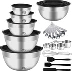 WEPSEN Juego de tazones para mezclar, 25 cuencos de acero inoxidable con tapa, cuencos grandes para anidar 7, 4.5, 3, 2, 1.5 cuartos de galón, tazas medidoras y cucharas para hornear, utensilios de metal para preparación de cocina