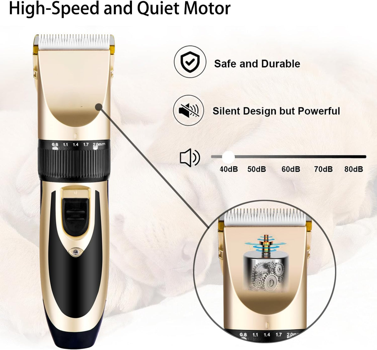 Highdas Cortapelos para perros para aseo de bajo ruido, kit eléctrico inalámbrico de aseo para perros, recargable, afeitadora silenciosa para perros, kit de recortadora de pelo de mascotas para perros y gatos (dorado)