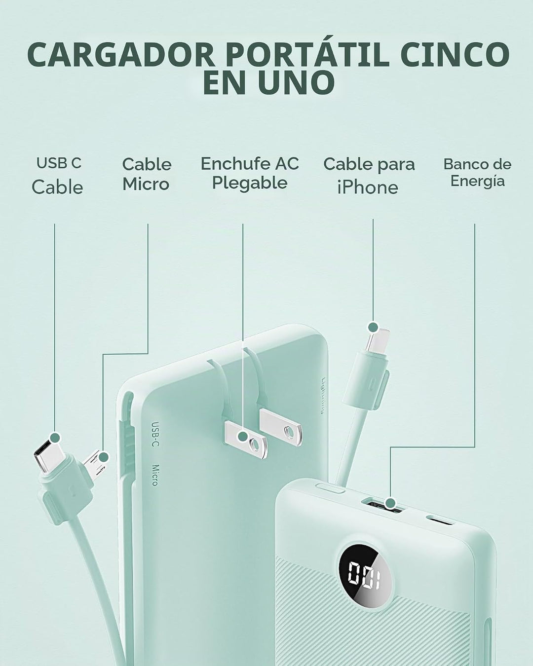 VRURC Cargador portátil con cables integrados y enchufe de pared de...