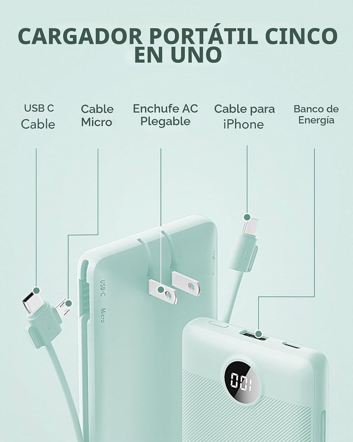 VRURC Cargador portátil con cables integrados y enchufe de pared de...